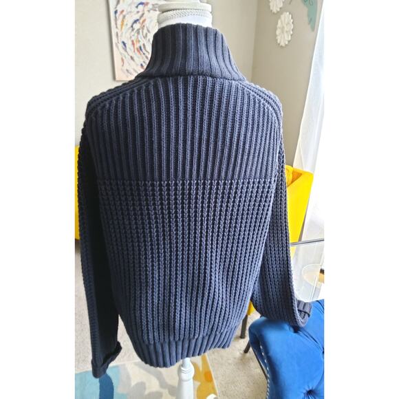 Mens Fisherman chunky knit Caridigan sweater Coastal Navy button up 100% cotton - Picture 2 of 12